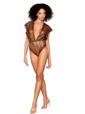 Dreamgirl- Delicate Gold-Foil Lace Blouson Teddy Set- NWT